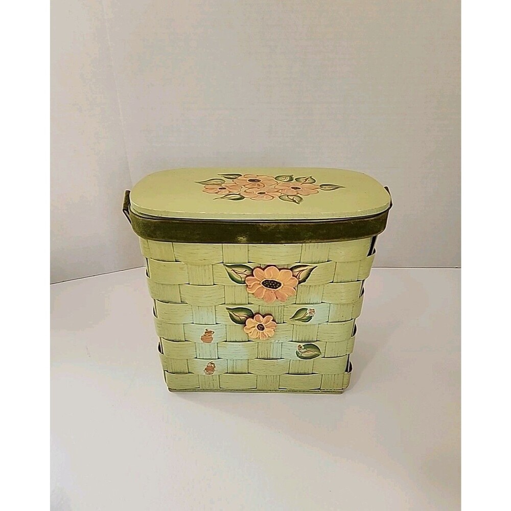 Vintage Handmade Woven Wooden Basket Tote Handpainted Flower Purse Green SEE